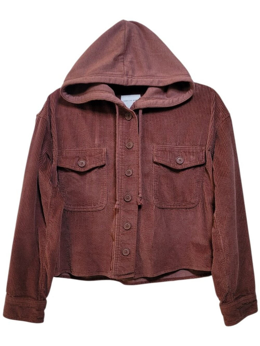 American Eagle Corduroy Hooded Cropped Jacket Shacket Button Up Mauve Small Y2K